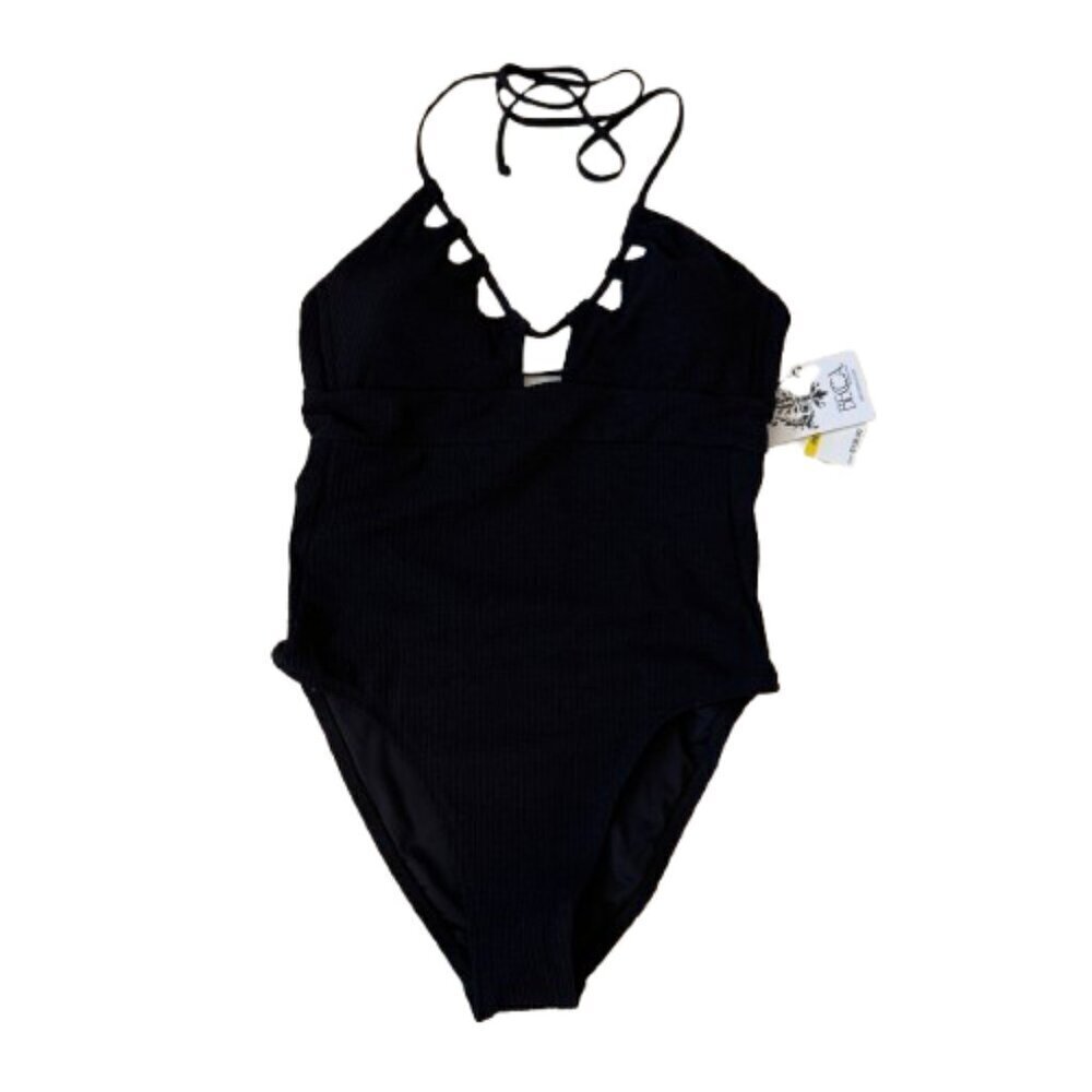 Women's M NWT Becca by Rebecca Virtue Black Textured Halter One Piece Swimsuit
